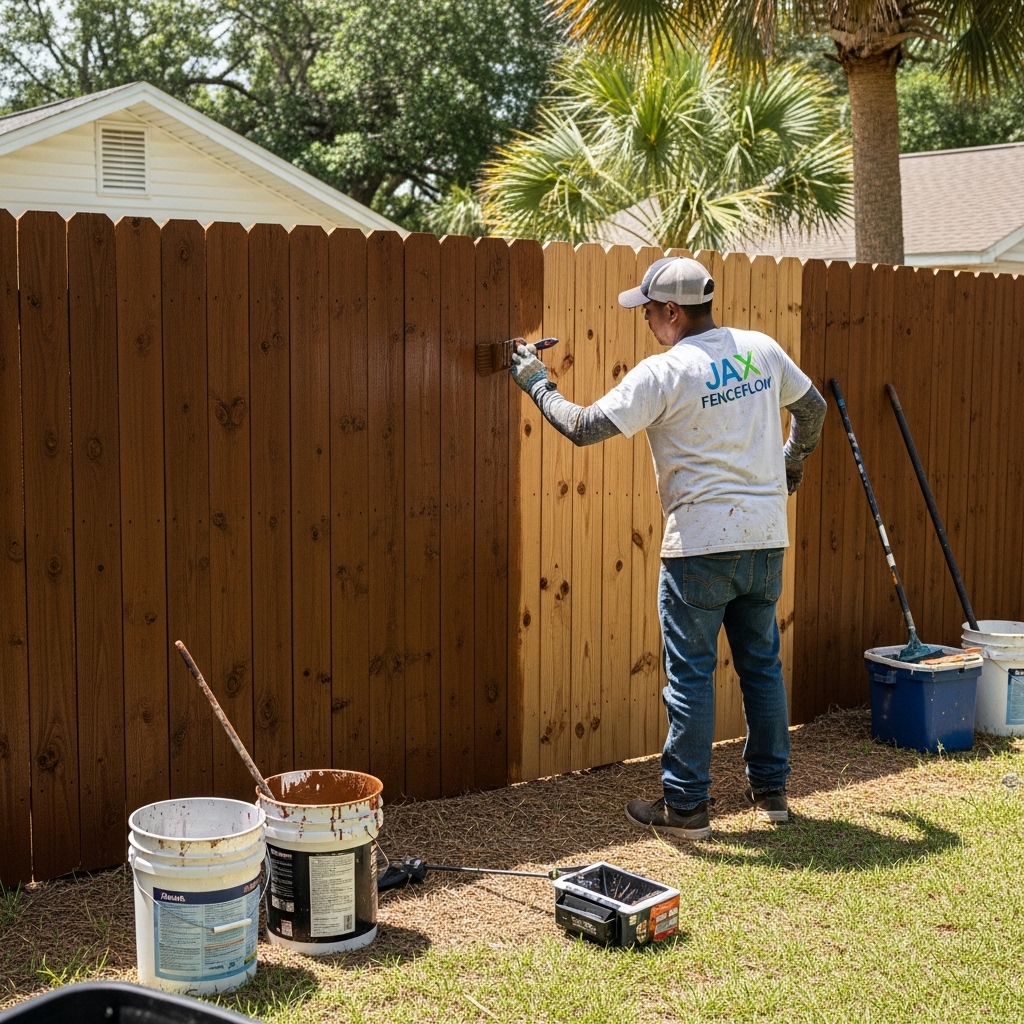 Jax FenceFlow contractor staining and painting a wooden backyard fence in Jacksonville, FL, showing part freshly coated and part unfinished under natural sunlight