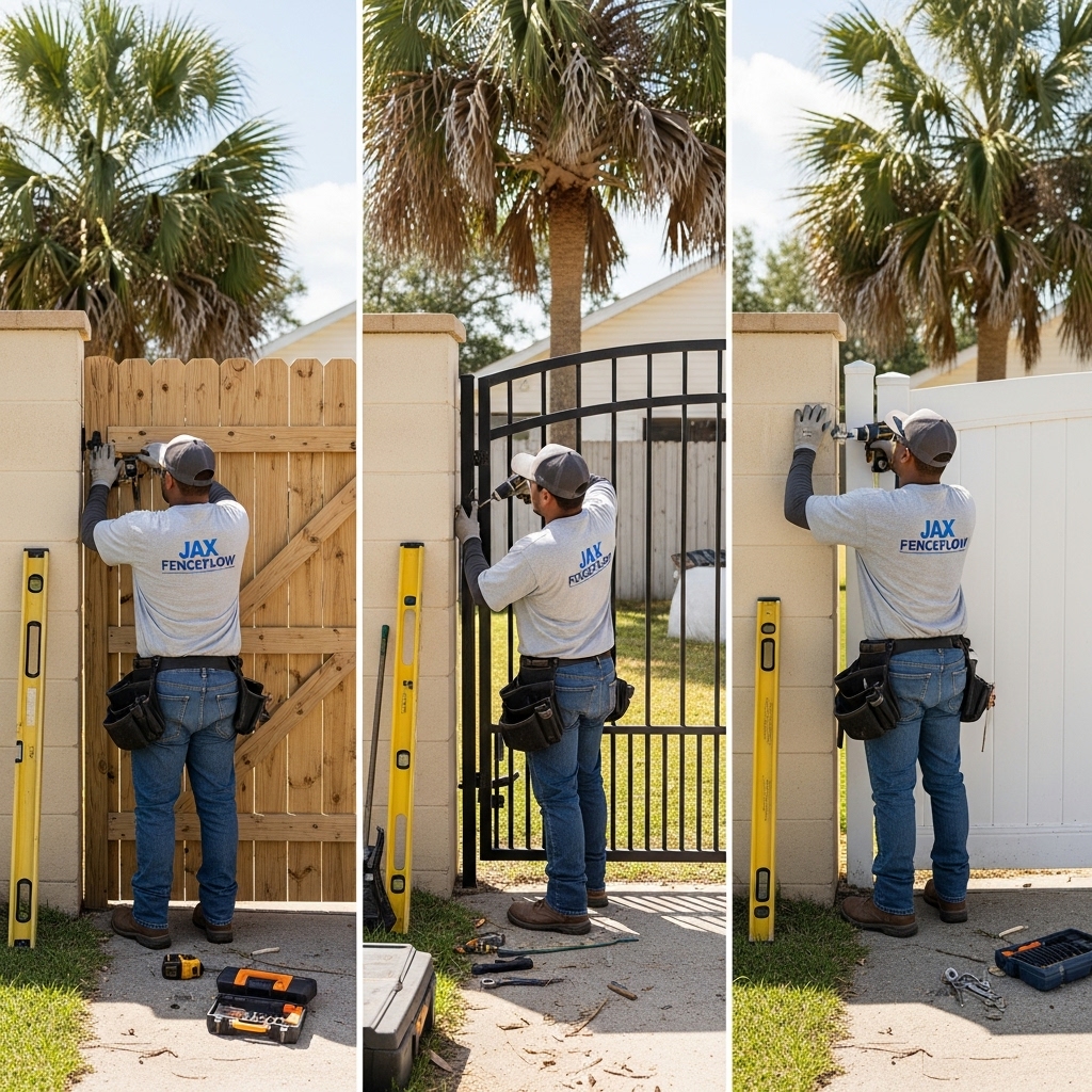 Three Jax FenceFlow contractors installing and repairing wooden, metal, and vinyl gates on different walls of a Jacksonville, FL property under bright natural sunlight.”