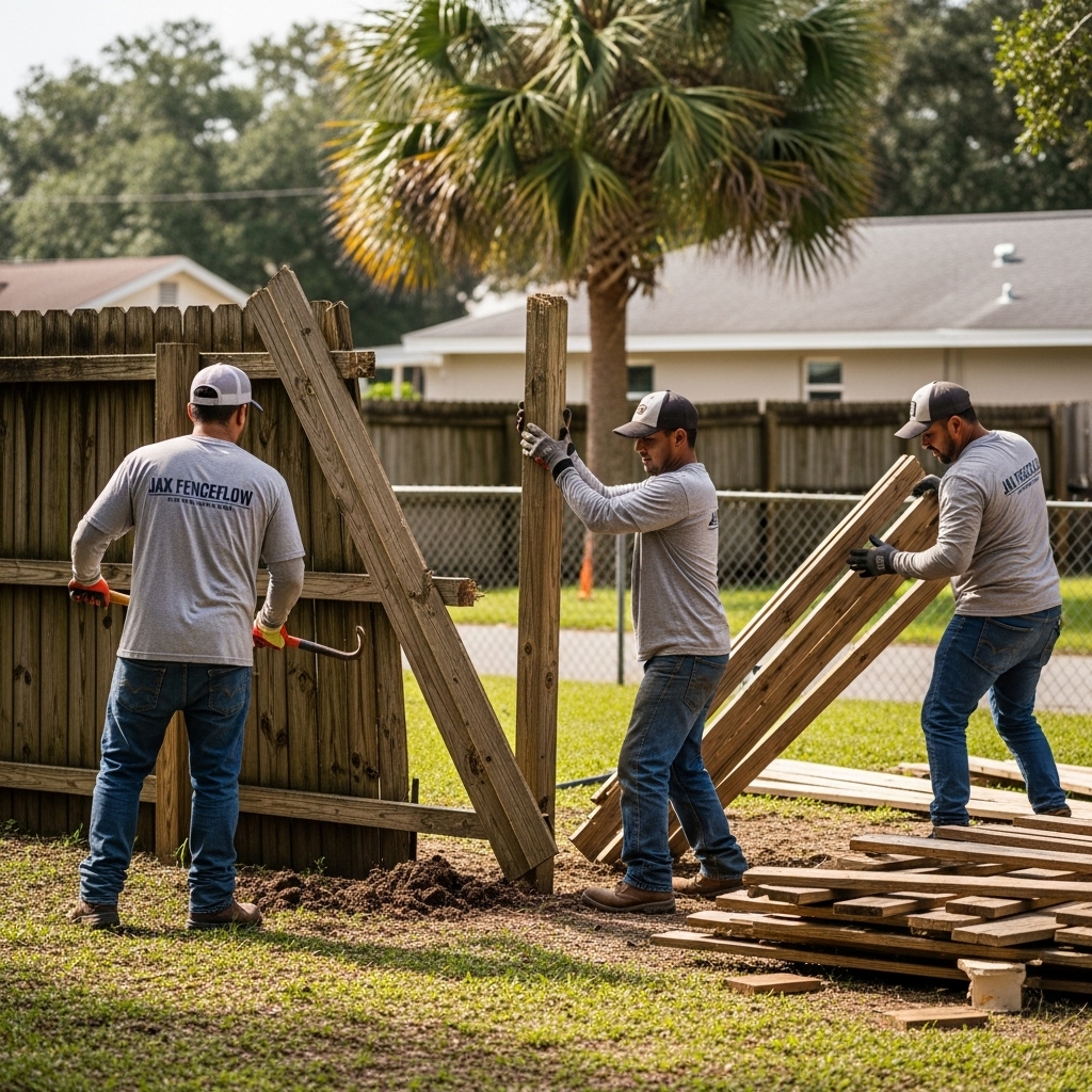 Jax FenceFlow contractors removing an old wooden fence in a Jacksonville, FL backyard, lifting posts and panels during real outdoor work.