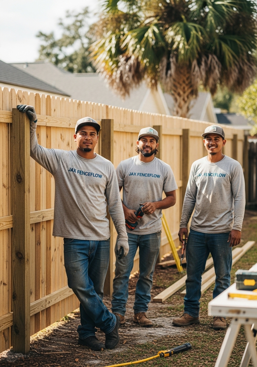 Three Jax FenceFlow contractors standing by a new wooden and vinyl fence in Jacksonville, FL, wearing company uniforms and smiling in a natural, outdoor setting.