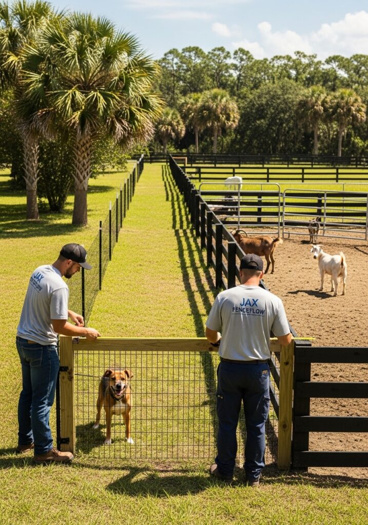 “Jax Fenceflow crew members installing secure pet and livestock fencing on a Jacksonville property, with a dog safely inside the new fence and livestock enclosed in the background, highlighting durable materials and animal protection.”