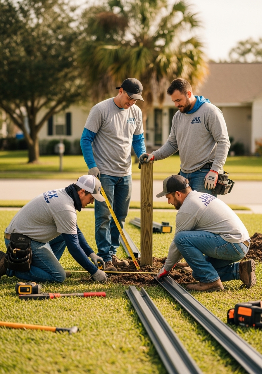 Jax FenceFlow contractors working together on a residential fence installation in Jacksonville, FL, wearing uniforms and building a wooden fence in a sunny neighborhood