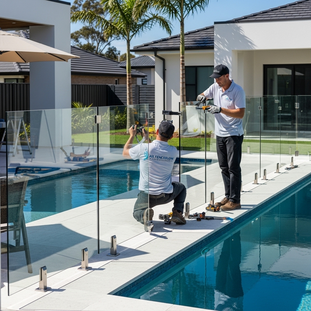 “Two Jax Fenceflow installers setting up a modern glass pool fence around a backyard pool, securing clear glass panels with professional tools in a sunny, well-landscaped setting.”
