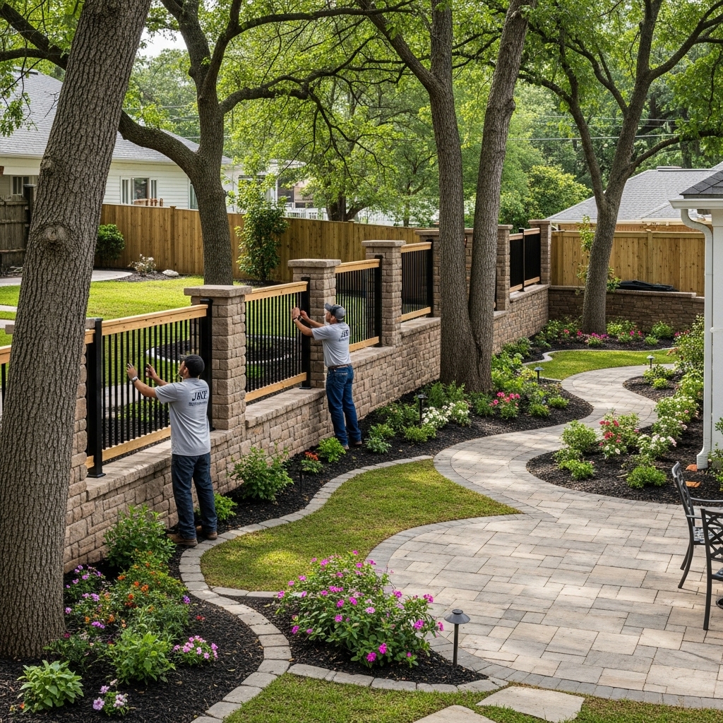“Two Jax Fenceflow crew members in uniforms installing a fence along a stone retaining wall in a landscaped backyard, integrating trees, gardens, patios, and walkways for a cohesive and functional outdoor space.”