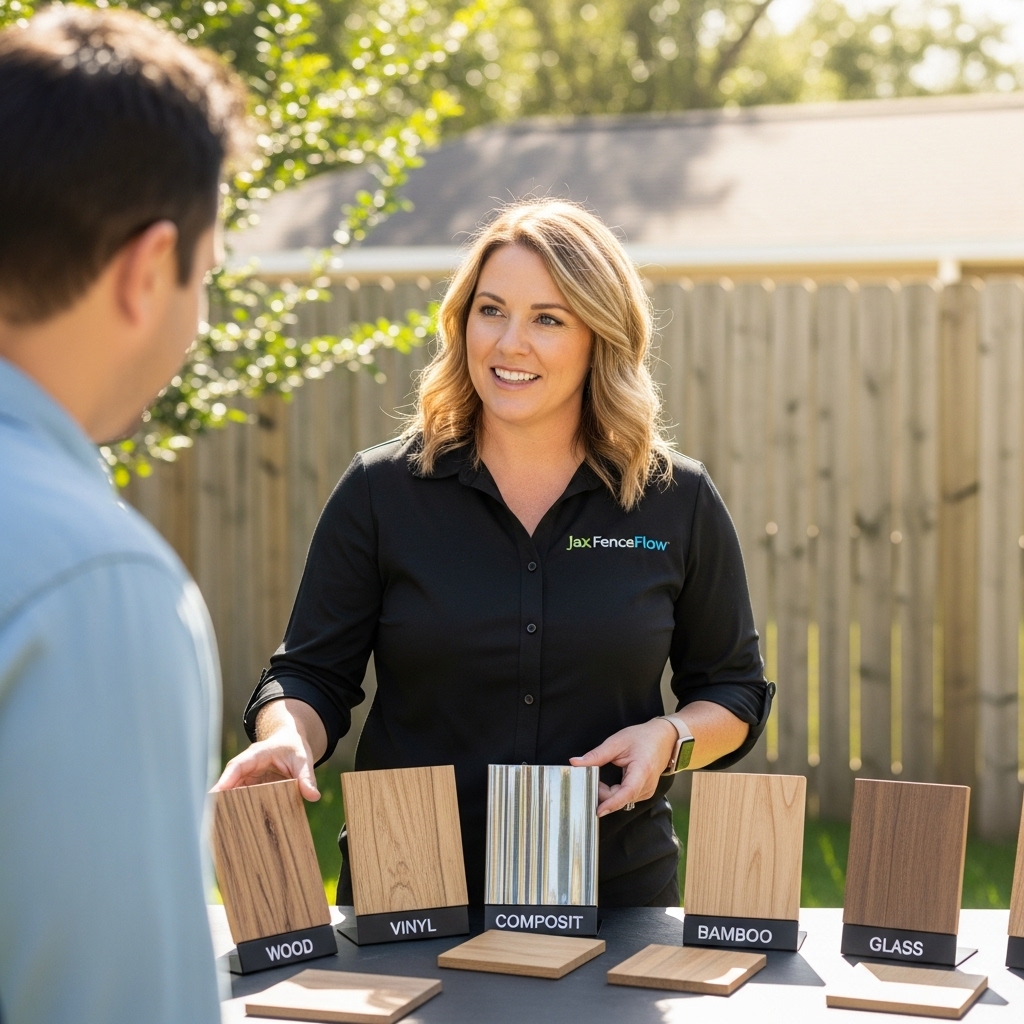 Jax FenceFlow consultant showing a homeowner various fence material options — wood, vinyl, metal, composite, bamboo, and glass — during a personalized design consultation in a Jacksonville backyard.