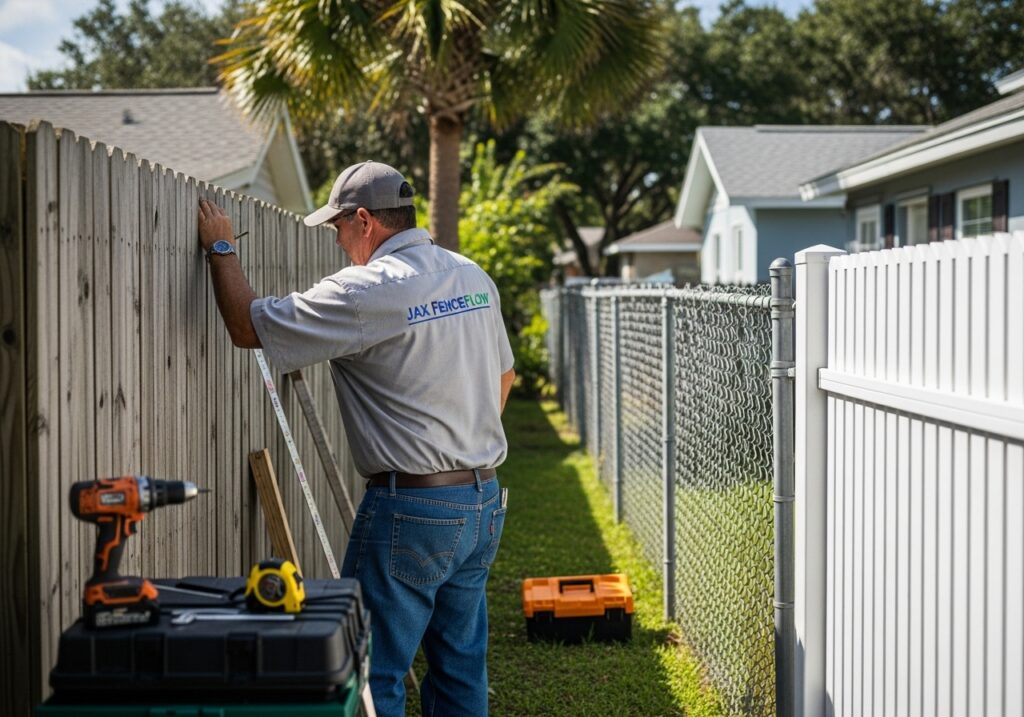 Experienced Jax FenceFlow contractor in Jacksonville, FL working on wooden, chain-link, vinyl, and aluminum fences with tools in a sunny neighborhood setting