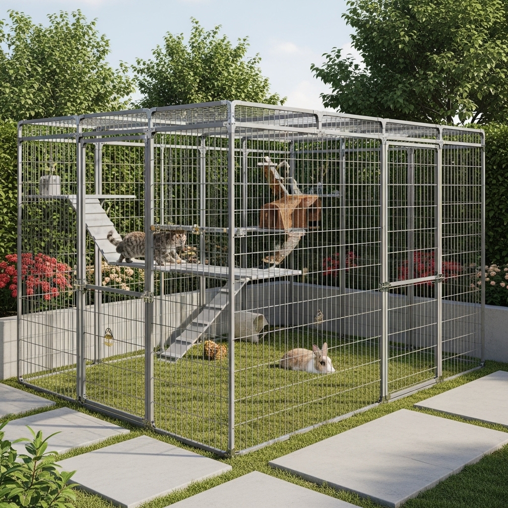 “Outdoor pet enclosure with secure mesh fencing where a cat explores elevated platforms and a small rabbit rests below, showing a safe, realistic containment setup in a landscaped backyard.”