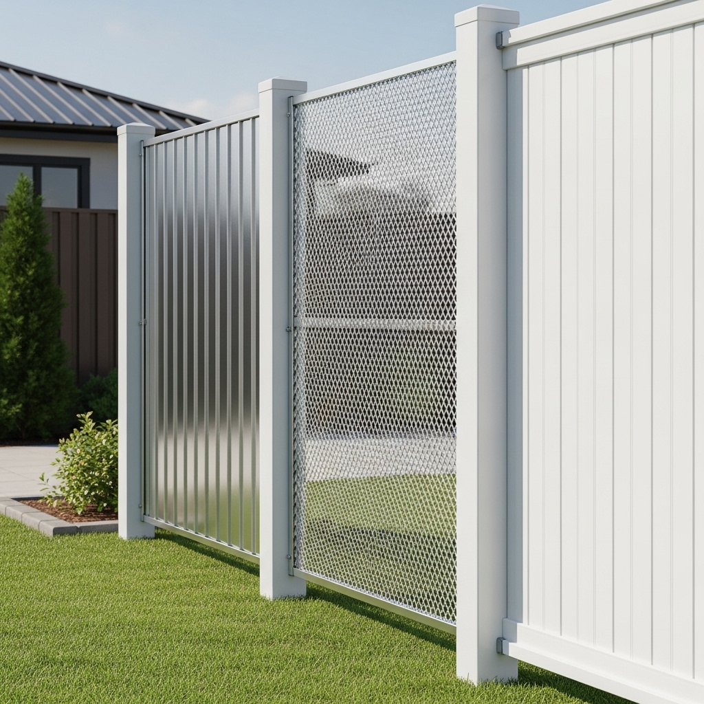 “Realistic display of steel, mesh, and plastic fence panels in a sunny backyard, showing material textures and differences side by side.”