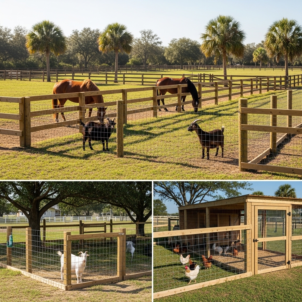 “Florida farm with durable horse fencing, goat fencing, and a secure chicken coop, showing well-built livestock containment systems designed for safety and predator protection.”