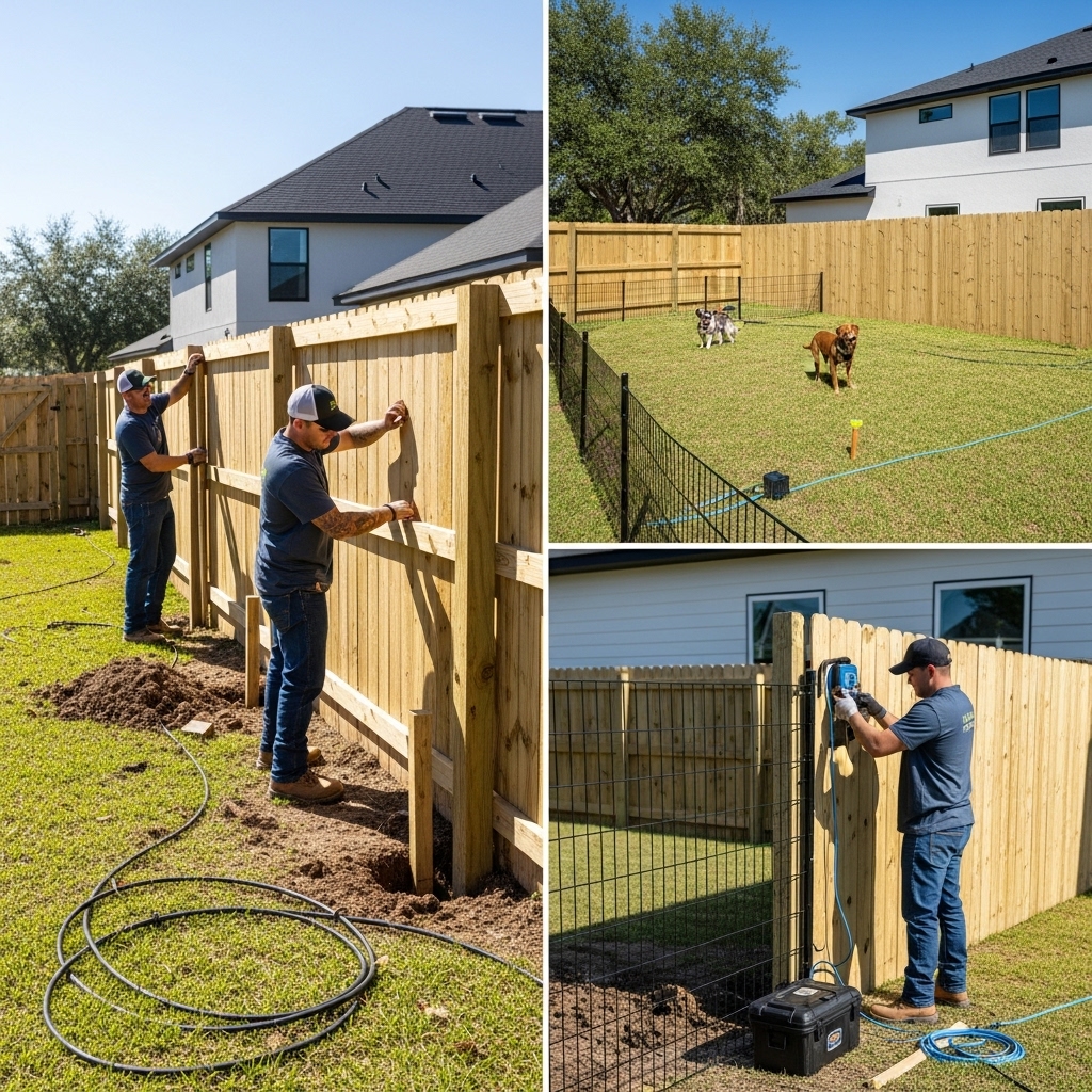 “Jax Fenceflow crew installing a new fence and repairing a pet-friendly fence system in a Jacksonville backyard, with realistic Florida landscaping and tools showing both installation and repair work.”