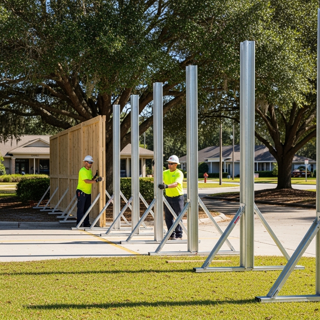 “Two professional crew members setting up portable and mobile fencing panels in a sunny Jacksonville outdoor space, demonstrating easy installation and mobility.”