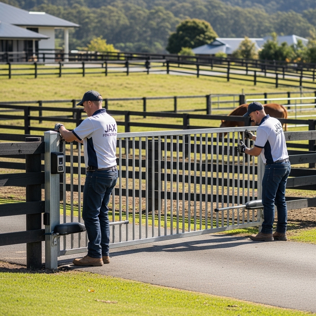 “Two Jax Fenceflow crew members in uniforms installing a secure automated gate with access control at a residential or farm property, showing professional workmanship and added safety for animals and property.”