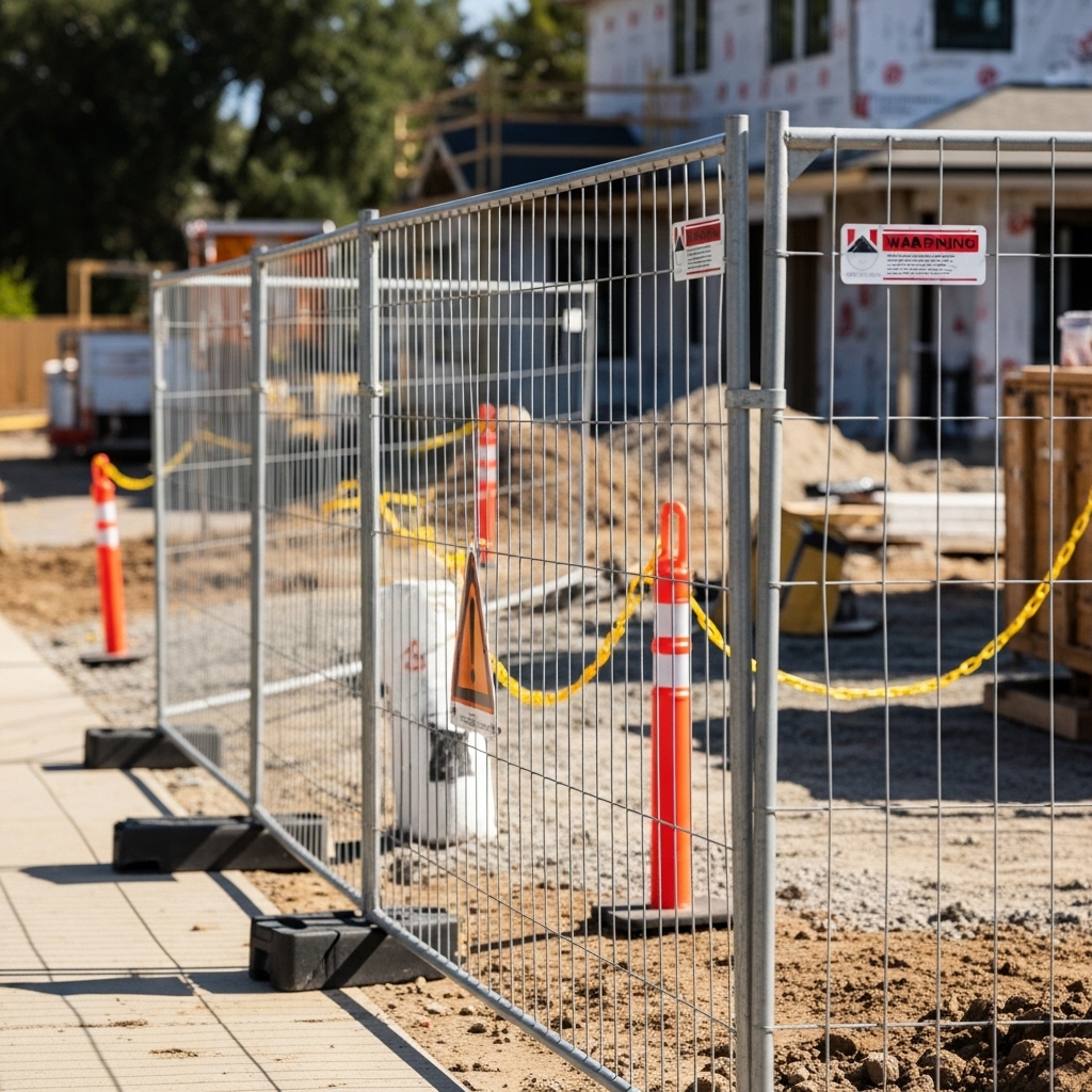 “Temporary chain link fence installed around a suburban construction site with support posts, warning signs, and construction materials visible in the background.”