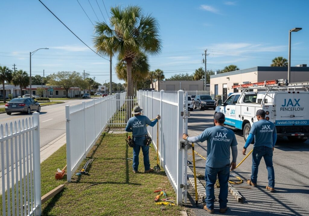 A realistic photo of a Jax FenceFlow crew installing or inspecting a commercial-grade fence around a Jacksonville, Florida business property. Show two or three workers in branded “Jax FenceFlow” uniforms working with tools near a sturdy chain-link or aluminum fence that surrounds a warehouse, parking lot, or small business area. The setting looks authentic — sunny Florida weather, palm trees in the distance, light traffic, and a mix of commercial buildings. Include a Jax FenceFlow service truck parked nearby with subtle branding. The overall scene feels genuine and down-to-earth, like a real day of professional fencing work — not staged or overly polished.