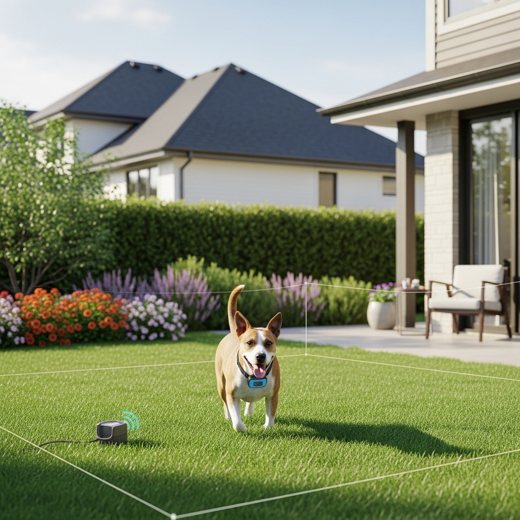 “A dog wearing a receiver collar safely moving within a wireless pet containment system in a backyard, showing an invisible boundary with no posts or fences and a modern home in the background.”
