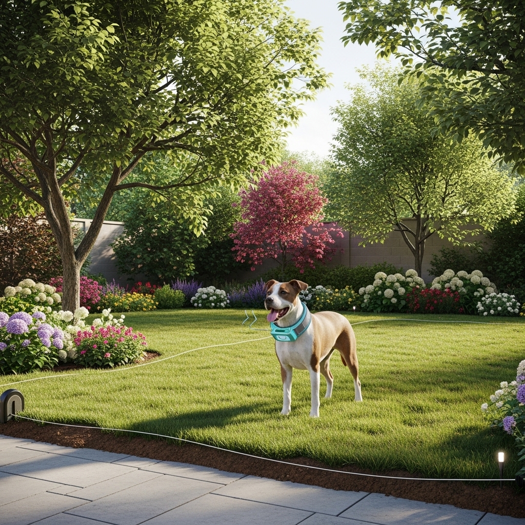 “Happy dog wearing a training collar in an open backyard with an invisible underground pet fence, showing safe boundaries without visible fencing in a landscaped, sunlit setting.”