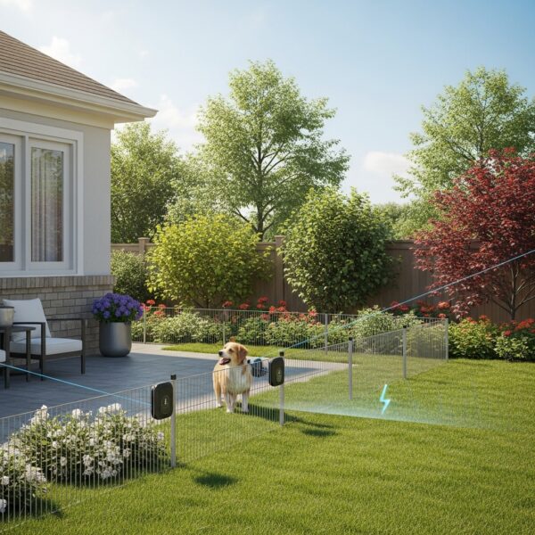 “A dog near the boundary of a suburban backyard with a discreet electric pet fence, safely guided by a collar device, surrounded by a landscaped yard with grass and flowers.”