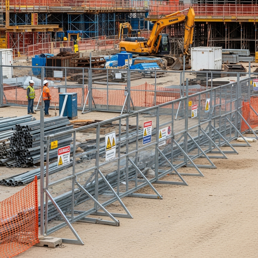 “Temporary construction site fencing and safety barriers surrounding an active job site with workers, equipment, and warning signs in view.”