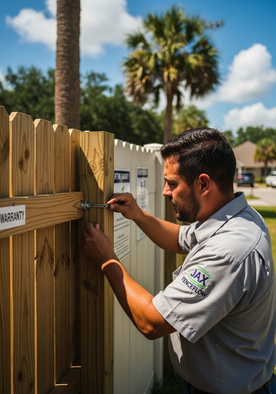 Jax FenceFlow contractor inspecting a sturdy wooden and vinyl fence in Jacksonville, FL, showing pride in quality materials backed by a lifetime warranty.
