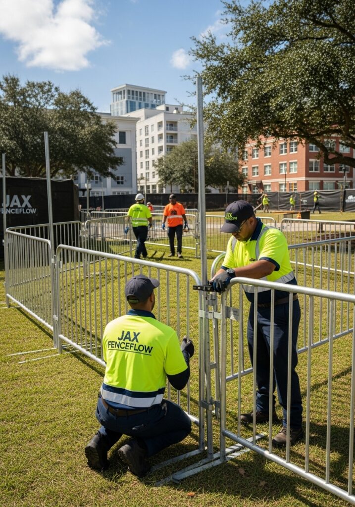 “Jax Fenceflow crew installing strong temporary fencing around a Jacksonville construction site or event, ensuring safety, organization, and compliance with local regulations.”