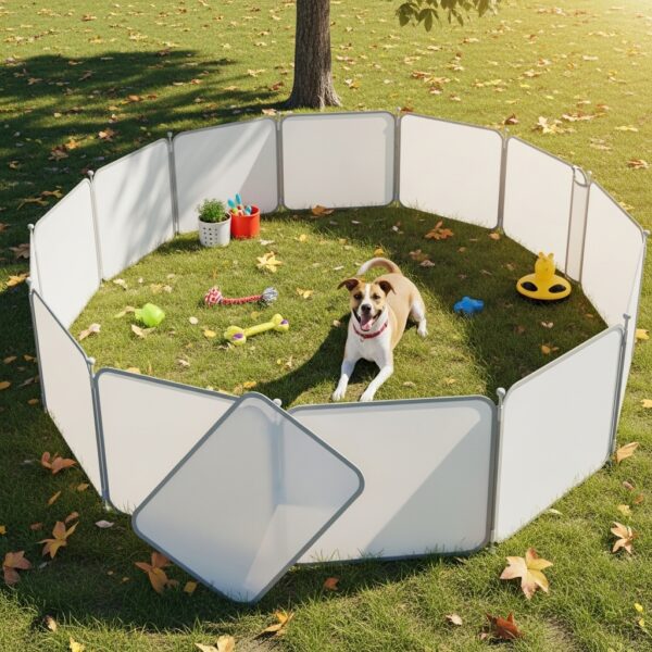 “Portable lightweight dog fence set up in a sunny backyard or park, enclosing a happy dog at play, showing easy-to-move panels and a safe outdoor space for camping or recreation.”