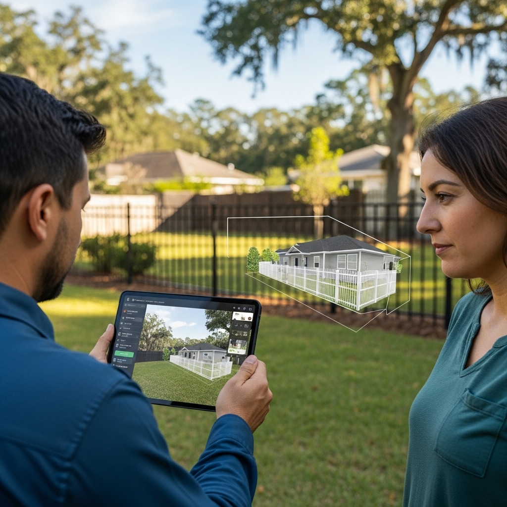 Jax FenceFlow professional showing a homeowner a 3D rendering of a custom fence design on a tablet during an on-site visit in a Jacksonville backyard.