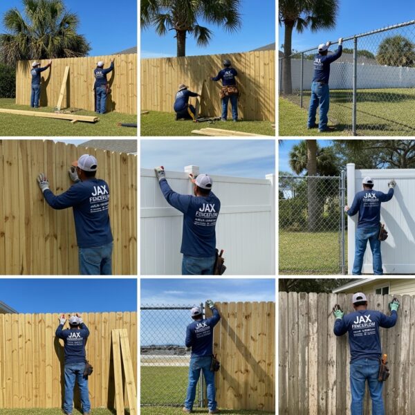Jax FenceFlow team installing, repairing, and restoring wooden, vinyl, and chain-link fences in a Jacksonville backyard, demonstrating professional craftsmanship and durability in a coastal environment.