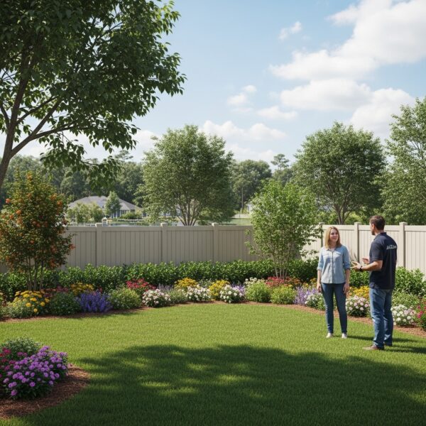 Jax FenceFlow professional and homeowner reviewing a landscape-friendly fence in a Jacksonville backyard, showing a fence that provides privacy while blending naturally with the garden and waterfront view.