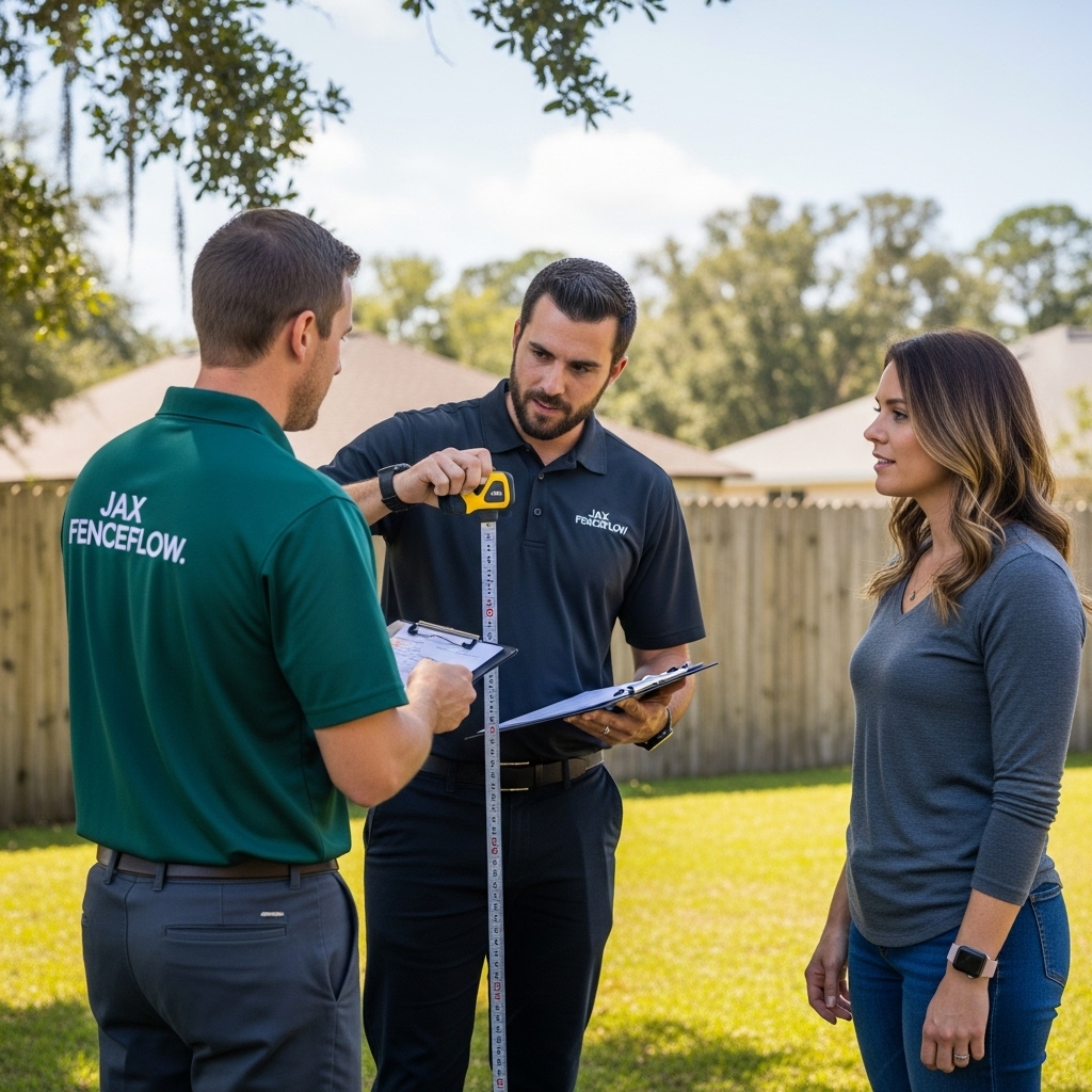 Jax FenceFlow consultant measuring a backyard fence area in Jacksonville while discussing options with the homeowner during a consultation.