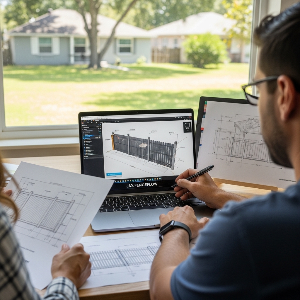 Jax FenceFlow designer showing a 3D fence model and blueprints on a laptop to a homeowner in a Jacksonville backyard, planning a new fence installation.