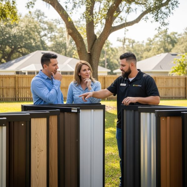 Jax FenceFlow professional helping a homeowner in Jacksonville, Florida, choose fence materials and styles, with wood, vinyl, and metal samples displayed in a backyard.