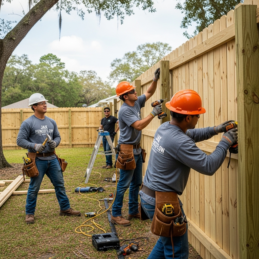 Jax FenceFlow professionals installing a new wooden fence in a Jacksonville backyard, wearing safety gear and using tools while the homeowner observes.