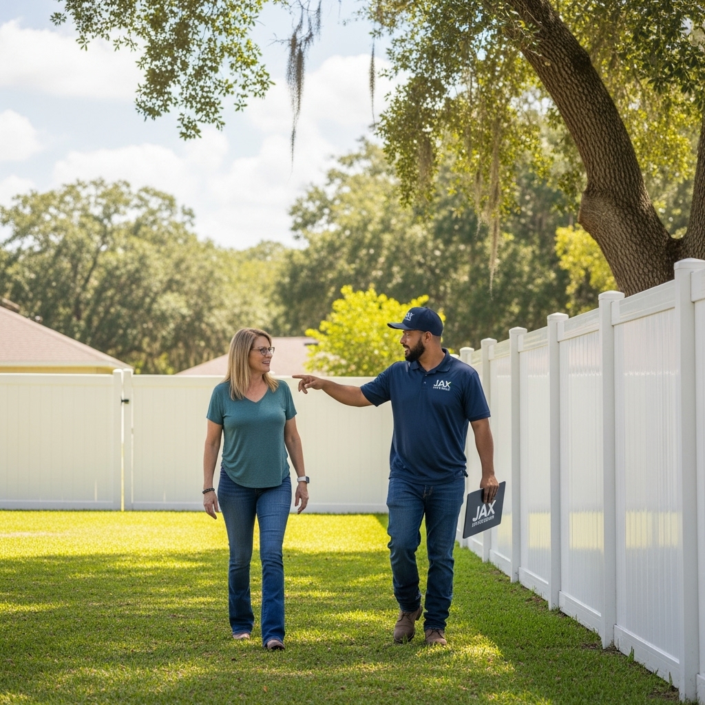 Jax FenceFlow professional walking through a newly installed fence with a homeowner in a Jacksonville backyard, reviewing the final installation during the final walkthrough.