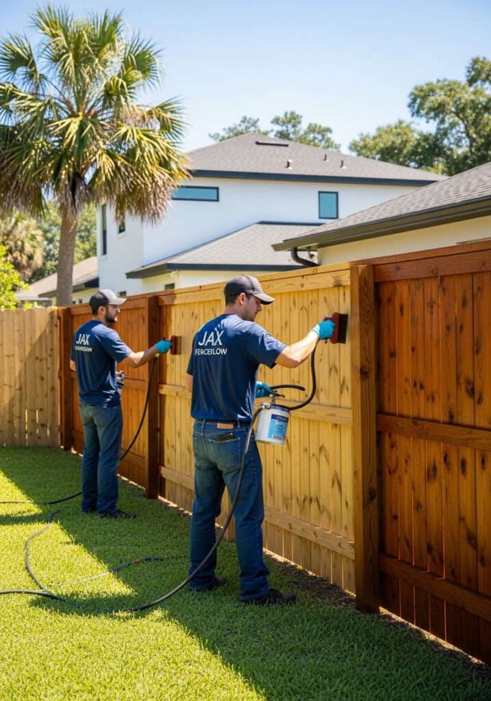 “Two Jax Fenceflow crew members staining a wooden privacy fence in a sunny Jacksonville backyard, showing a clear before-and-after transformation with professional tools and realistic detail.