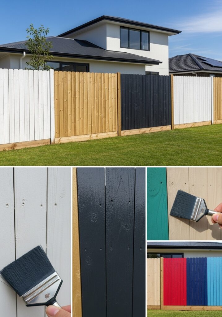 “Custom-painted residential fence showcasing multiple colors and finishes in a realistic backyard setting, highlighting personalized fence style options.”