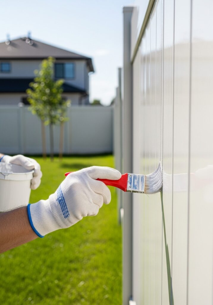 “Professional applying protective sealant to a vinyl fence in a sunny suburban backyard, highlighting long-lasting durability and a clean, glossy finish.”