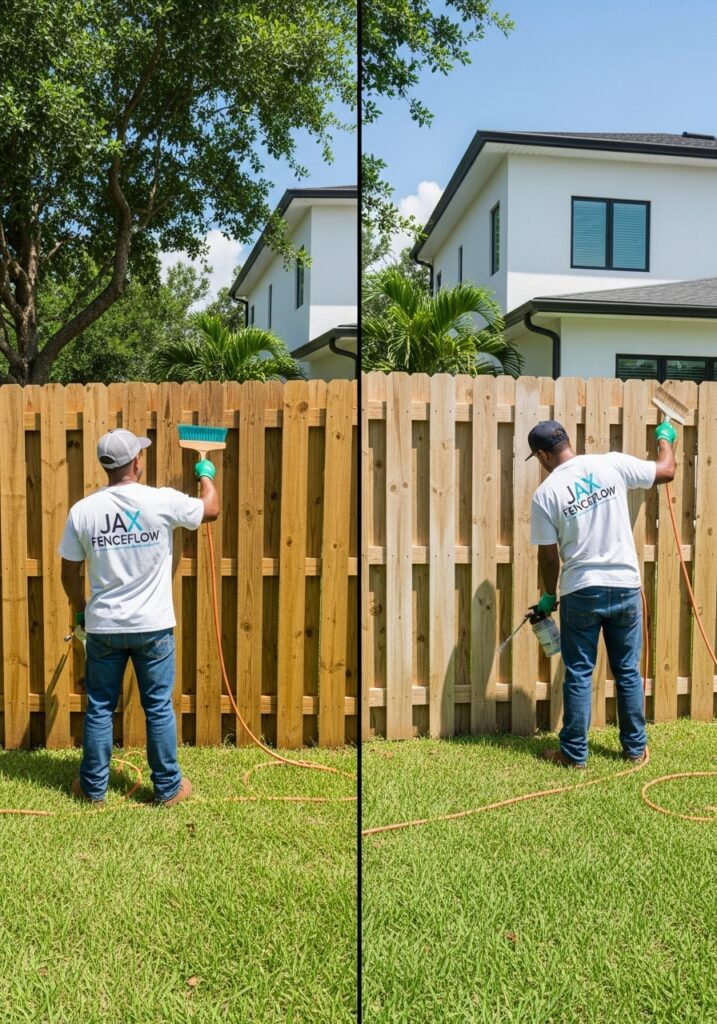 “Two Jax Fenceflow crew members weatherproofing a wooden fence in a sunny Florida backyard, showing a contrast between an untreated fence and a freshly coated one with clear protective finish.”
