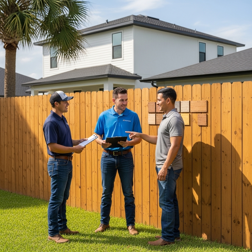 “A Jax Fenceflow crew member showing a homeowner different fence stain color samples during a free inspection and color consultation in a sunny Jacksonville backyard.”
