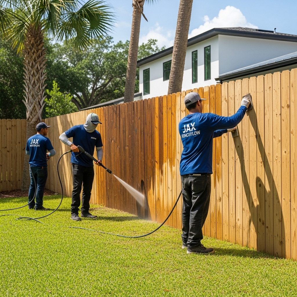 “Two Jax Fenceflow crew members cleaning and prepping a wooden fence in a sunny Jacksonville backyard, using a power washer and sanding tools to remove dirt and old stain.”