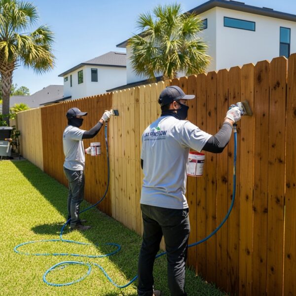 “Two Jax Fenceflow crew members applying stain and paint to a wooden fence in a sunny Jacksonville backyard, showing the difference between untreated and freshly finished wood.”