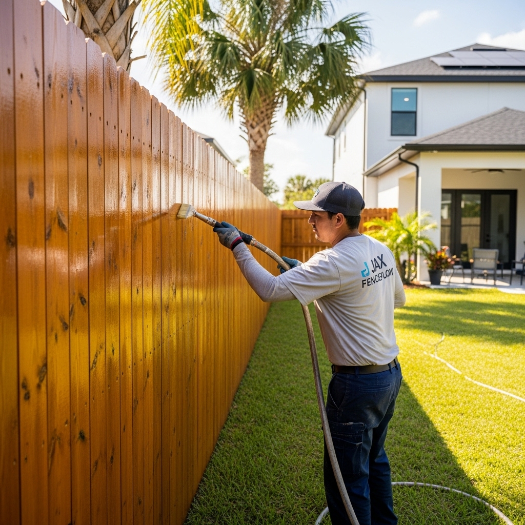 “A Jax Fenceflow worker applying a clear protective sealant to a freshly stained wooden fence in a sunny Jacksonville backyard, highlighting smooth wood texture and professional craftsmanship.”