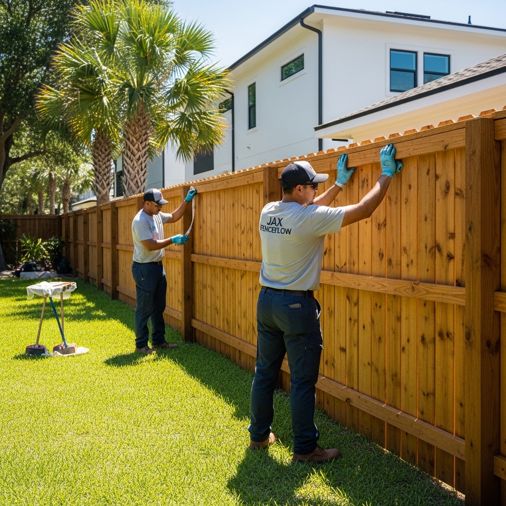 “Two Jax Fenceflow crew members cleaning up and inspecting a freshly stained wooden fence in a sunny Jacksonville backyard, ensuring even coverage and a polished finish.”