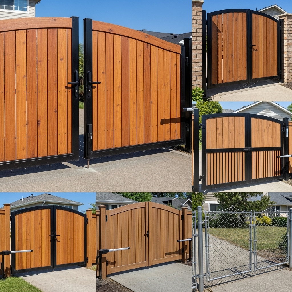 “Variety of custom gates made from wood, wrought iron, steel, aluminum, vinyl, composite, and chain-link, displayed in a residential yard, showing durability, weather-resistance, and perfect fit for style and security.”