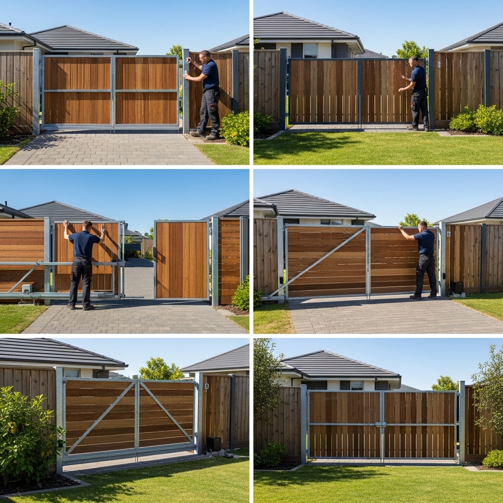 “Professional Jax Fenceflow crew testing various gate styles—including sliding, swing, folding, cantilever, driveway, garden, pedestrian, and farm gates—in a sunny backyard, ensuring each gate opens and closes safely and fits perfectly.”