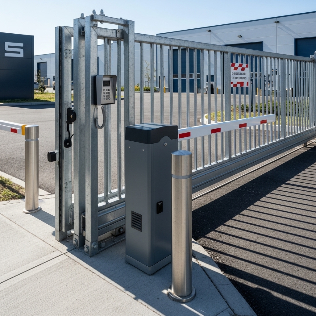 “Heavy-duty commercial security gate with keypad and intercom at a warehouse, partially open to show controlled access and robust, professional construction.”