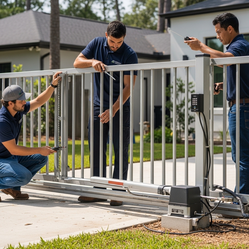 “Two Jax Fenceflow technicians repairing a sliding gate in a Jacksonville driveway, adjusting the motor and sensors to ensure smooth and safe operation.”