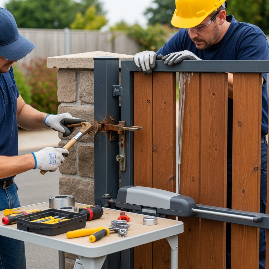 “Two professional technicians repairing a residential or commercial gate, replacing panels, fixing hinges and locks, and removing rust, showing tools and realistic materials like wood, steel, aluminum, vinyl, or wrought iron.”