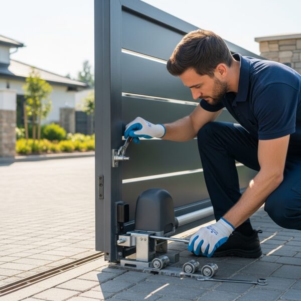 “A professional technician performing routine maintenance on a residential automatic gate, inspecting rollers and hinges, lubricating moving parts to ensure smooth and reliable operation.”