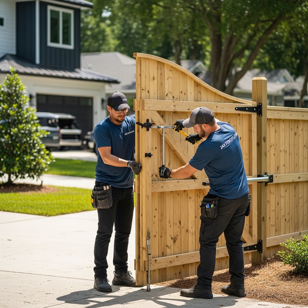 “Two Jax Fenceflow crew members installing a wooden driveway gate at a Jacksonville home, showing professional workmanship, quality materials, and reliable service.”