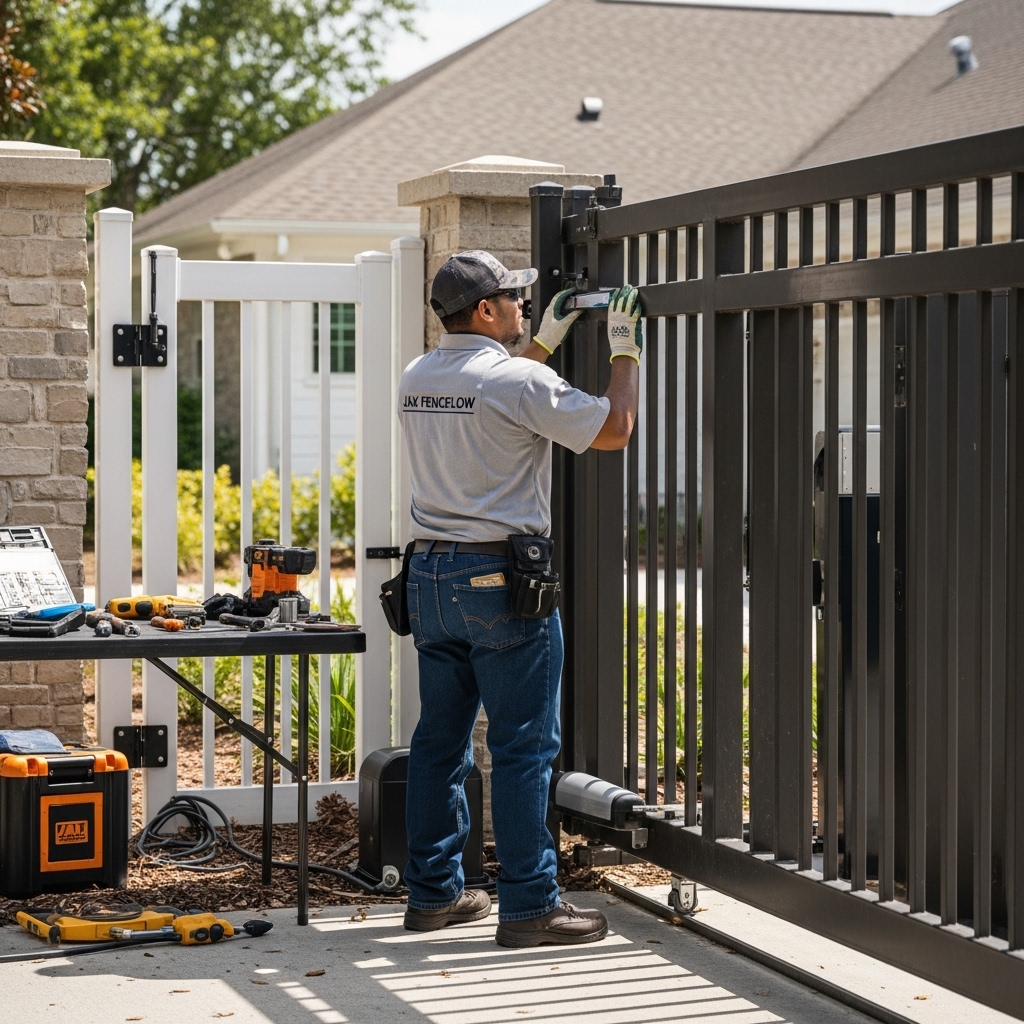 “Licensed and insured Jax Fenceflow professional inspecting and working on a residential swing gate and commercial sliding gate, wearing safety gear and using proper tools in a realistic Jacksonville setting.”